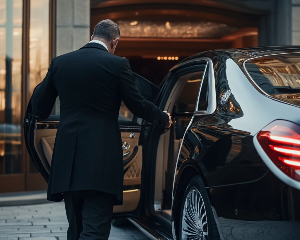 Chauffeur privé en costume qui ouvre la porte d'une berline luxueuse