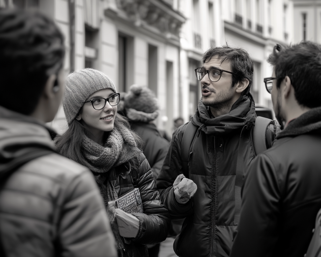 Guide touristique dans les rues Paris avec un petit groupe de touristes