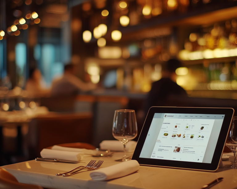 Tablette sur la table d'un restaurant