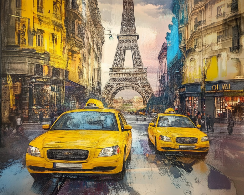 Illustration avec des voitures de taxi jaune à Paris