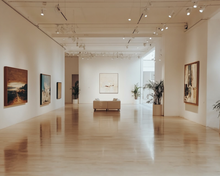 Galerie d'art moderne avec des tableaux aux murs