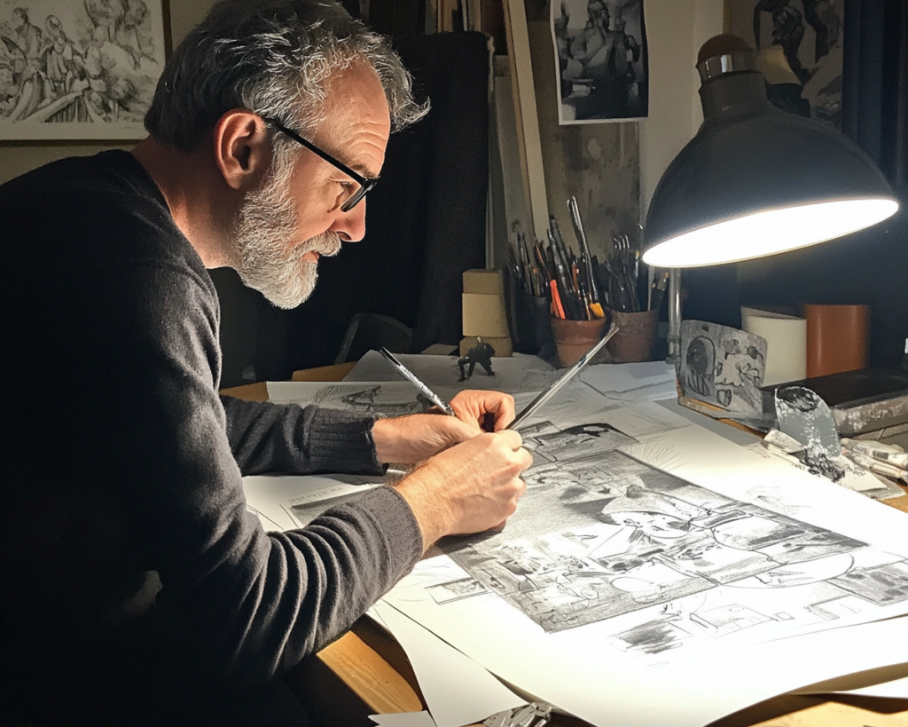 Illustrateur travaillant dans son atelier, concentré sur des croquis sous une lampe de bureau, entouré de ses outils artistiques