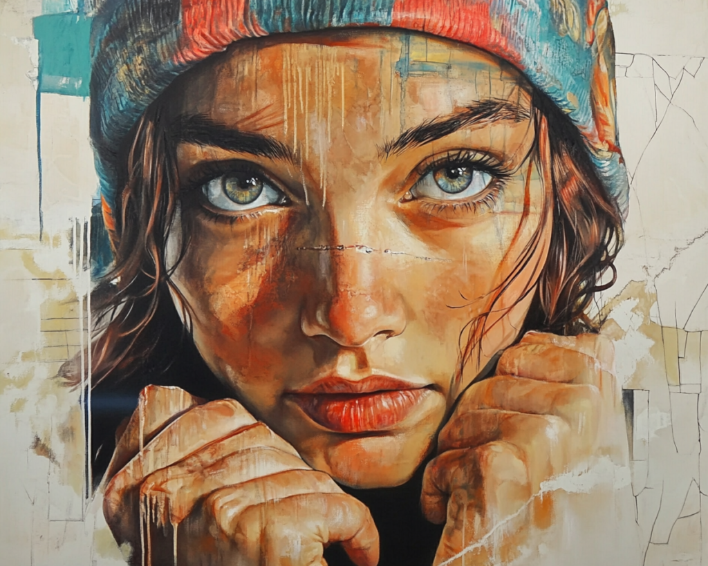 Portrait artistique d'une jeune femme avec des yeux perçants, portant un bonnet coloré. Le style de la peinture est moderne, avec des touches abstraites et une palette de couleurs chaleureuses mettant en valeur l'émotion et l'expression du visage.