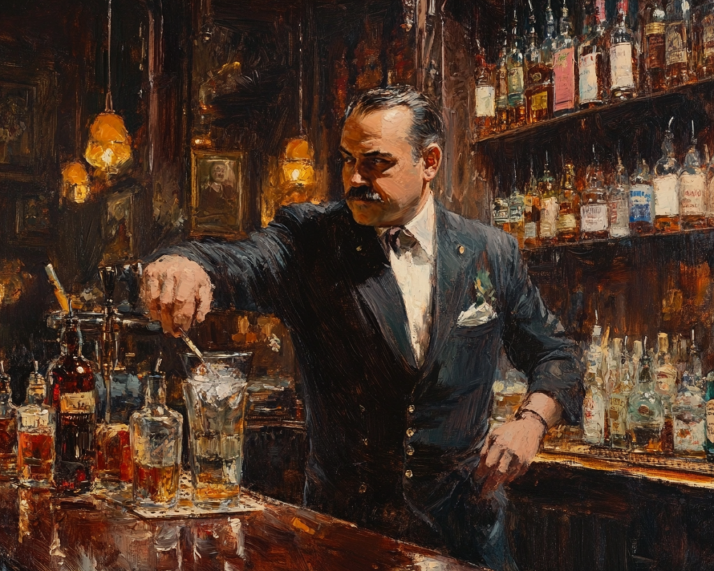 L'image montre un barman élégant dans un bar d'ambiance chaleureuse et vintage, préparant un cocktail avec des bouteilles d'alcool en arrière-plan et un éclairage tamisé qui ajoute une touche classique et intemporelle.