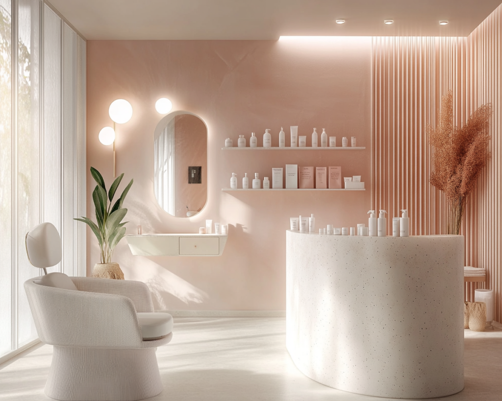 Salon de beauté moderne avec une décoration élégante en tons pastel, incluant un fauteuil esthétique blanc, un comptoir incurvé et des produits de soins alignés sur des étagères