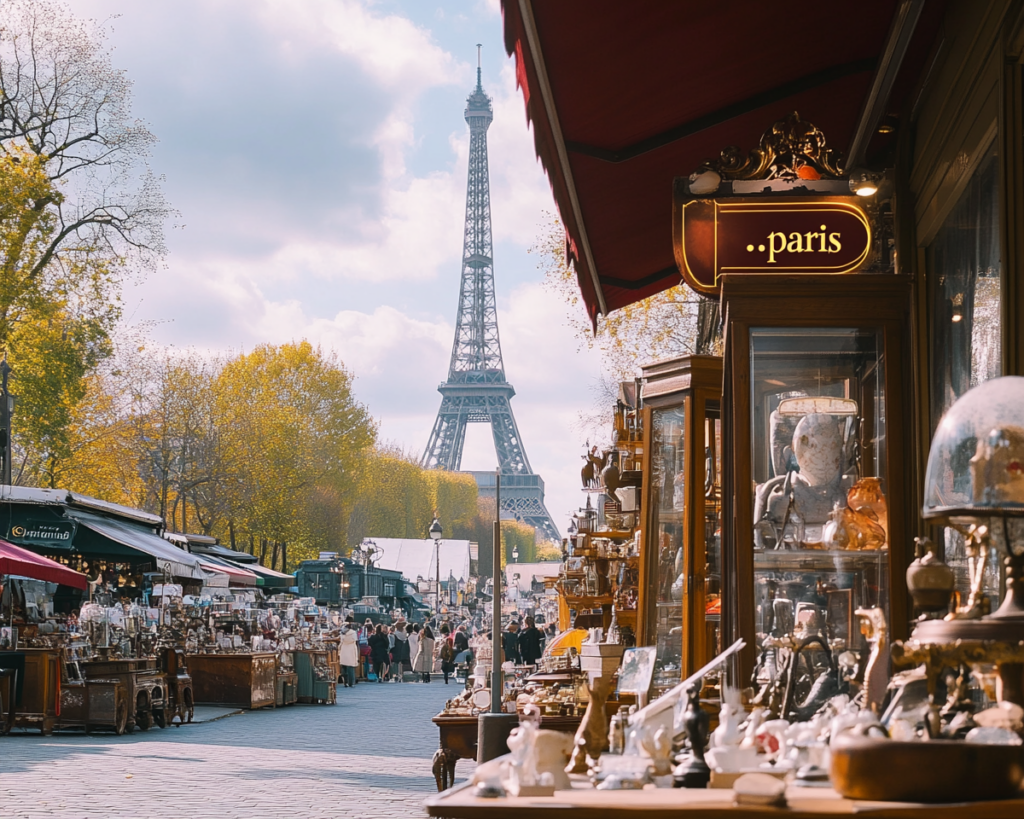 Marché aux puces parisien avec vue sur la Tour Eiffel, vitrines d'antiquités et objets vintage exposés en plein air