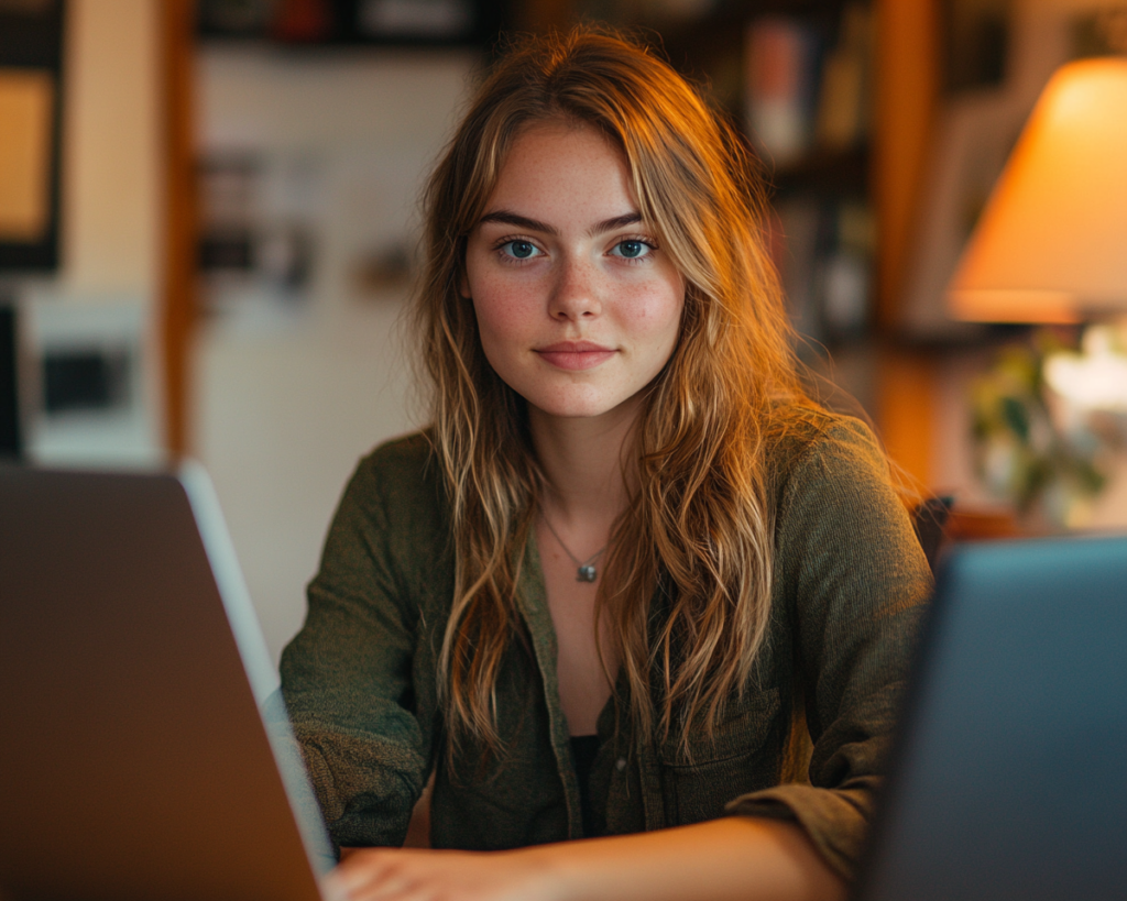 Un bureau de copywriter créatif avec un ordinateur portable, un carnet et un stylo, entouré d'étagères à livres, de plantes vertes et d'une tasse de café, reflétant un environnement professionnel et inspirant.