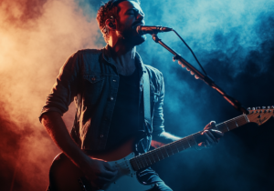 L'image montre un musicien jouant de la guitare électrique sur scène, avec un micro devant lui.