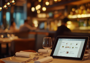 Tablette sur la table d'un restaurant